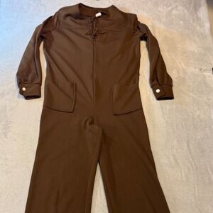 Vintage 70s Brown Polyester Zip Front Wide Leg Jumpsuit Tie Neck kitschy Size 10